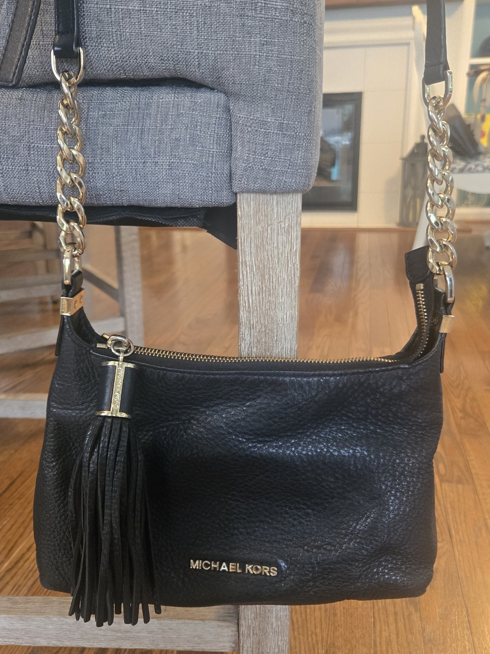 Michael Kors Black Pebbled Leather Shoulder Bag with Gold Hardware and Tassel